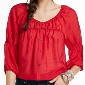 Anthro 100% Silk Vanessa Virginia  Boho Peasant Blouse Rose Red XS